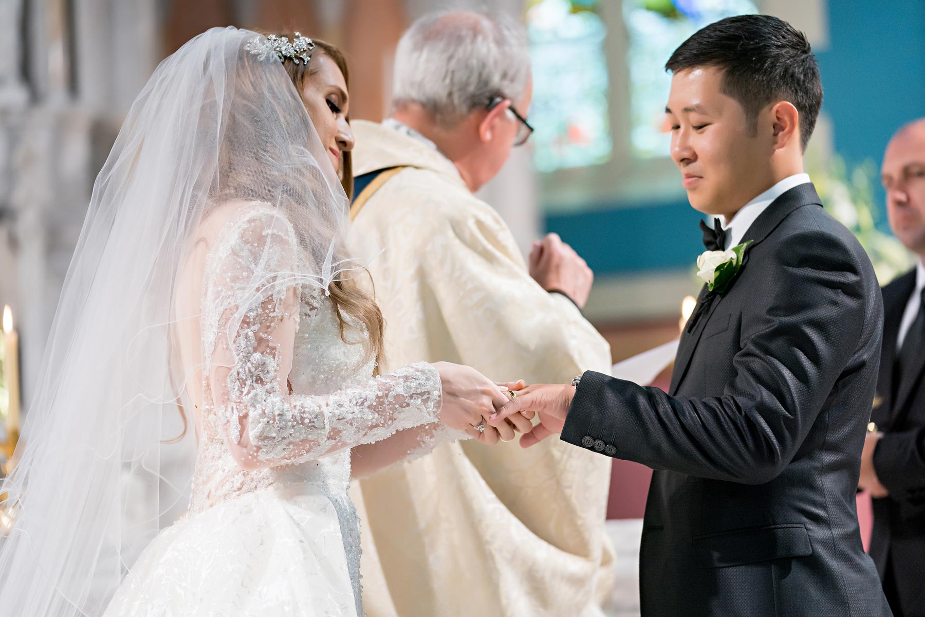 Melina + Vuong RC Real Bride Wearing Demetrios Platinum Wedding dress in 'Analisa' 