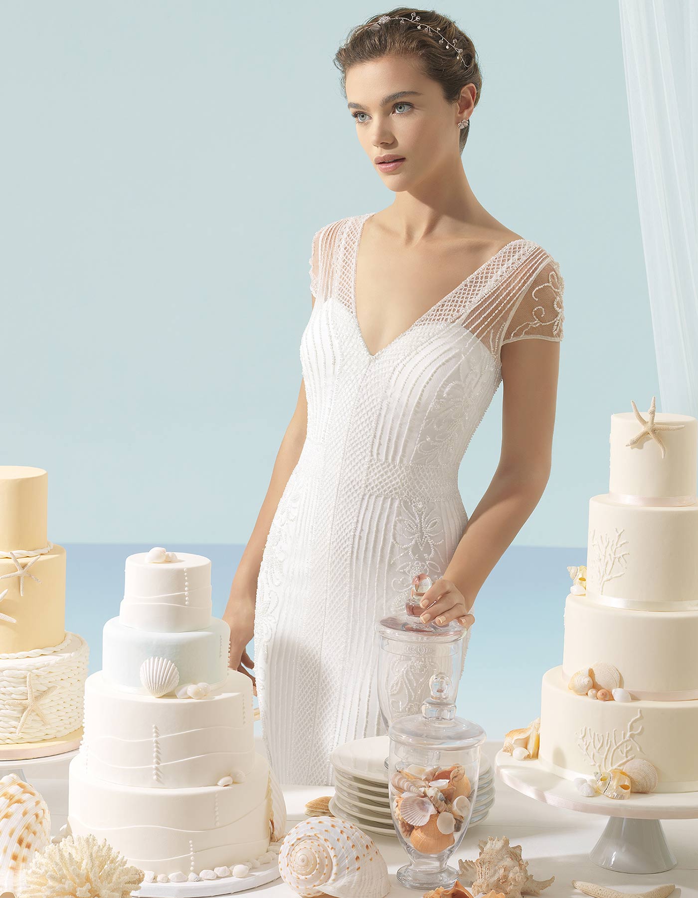 slinky beaded gown with cap sleeve and slip up centre front Sandra, Aire Barcelona