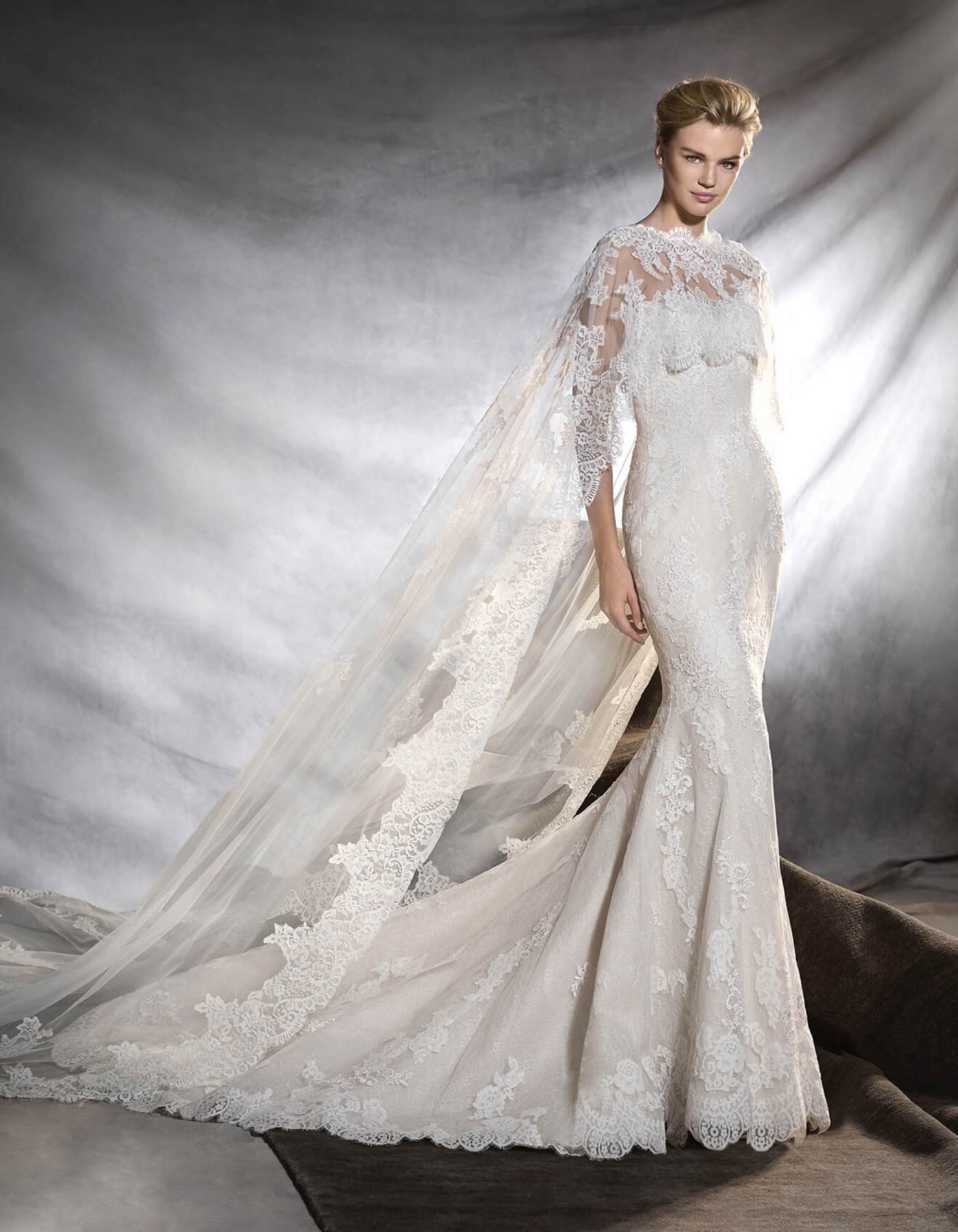Pronovias Oringo wedding dress in lace with cape, Melbourne