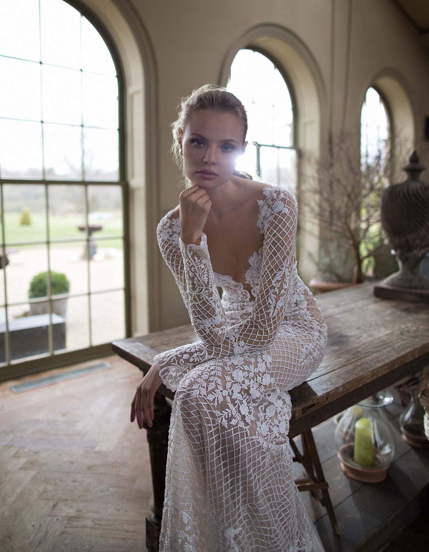 Berta Bridal 16-123 a backless lace wedding dress with long sleeves