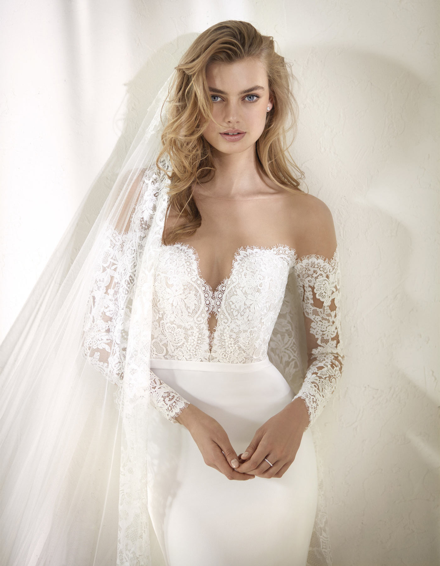 Long sleeve off the shoulder wedding dress, Dracma by pronovias
