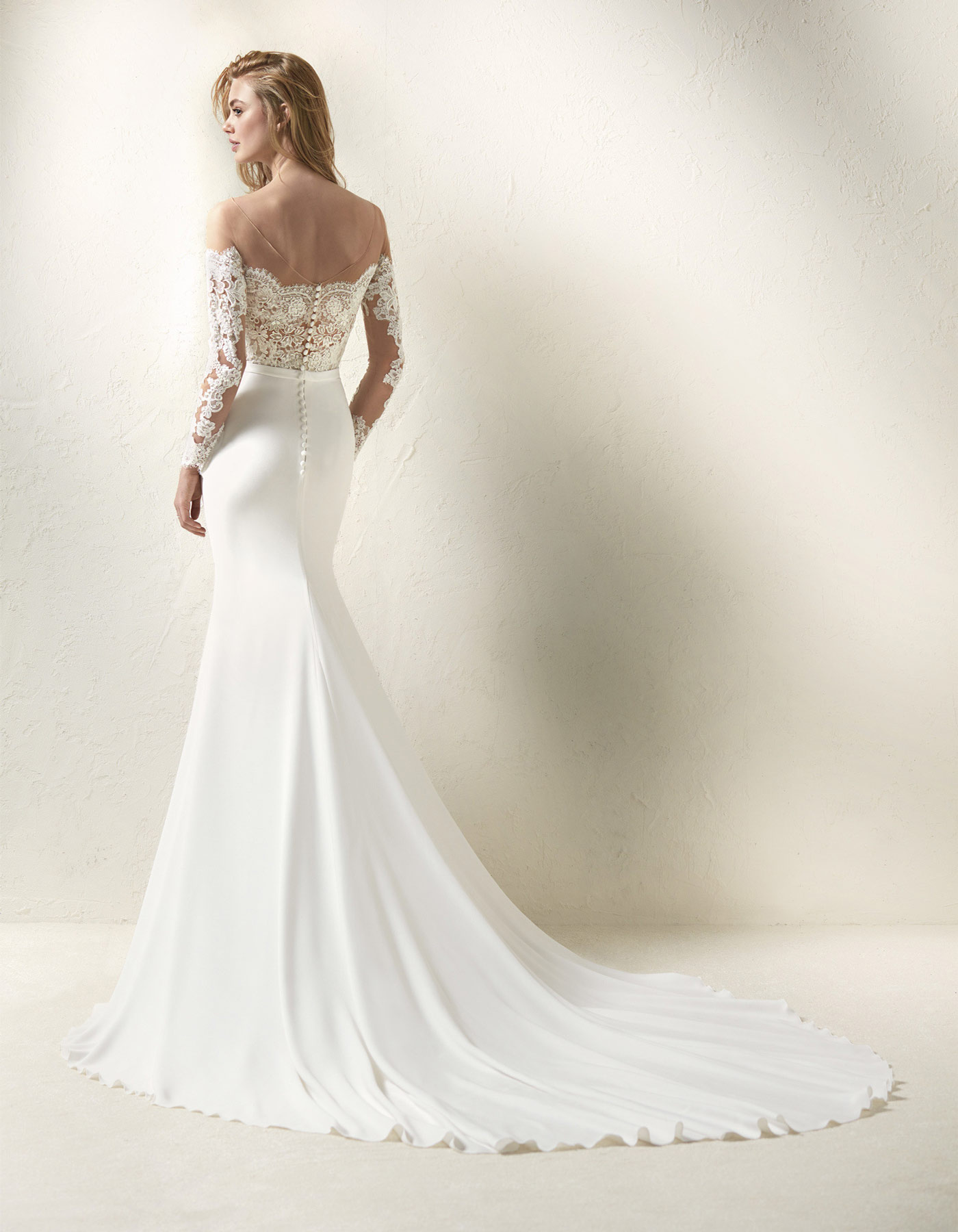 Long sleeve off the shoulder wedding dress, Dracma by pronovias