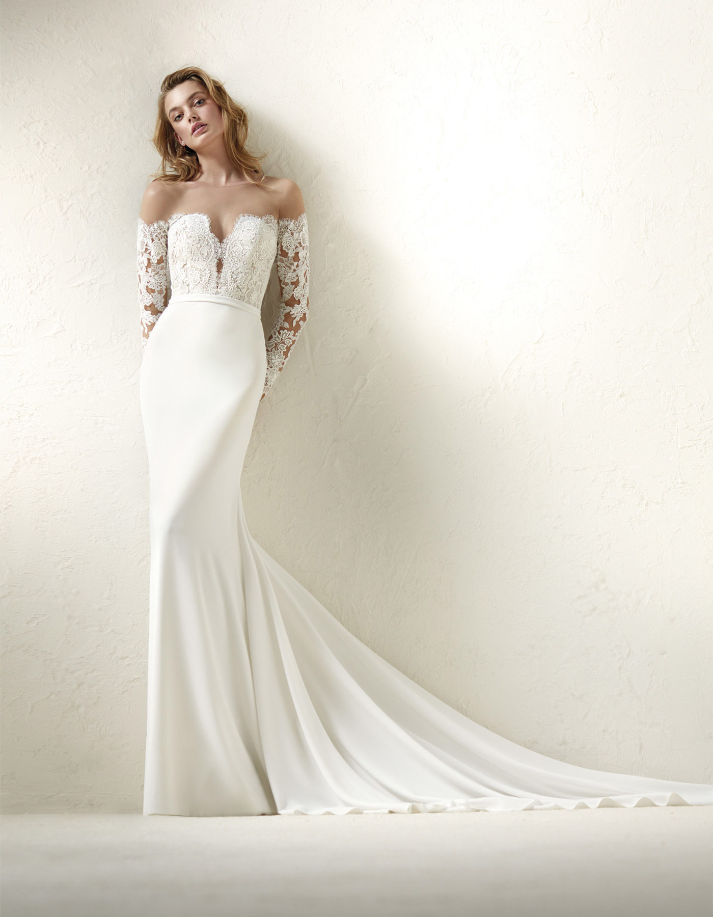 Long sleeve off the shoulder wedding dress, Dracma by pronovias