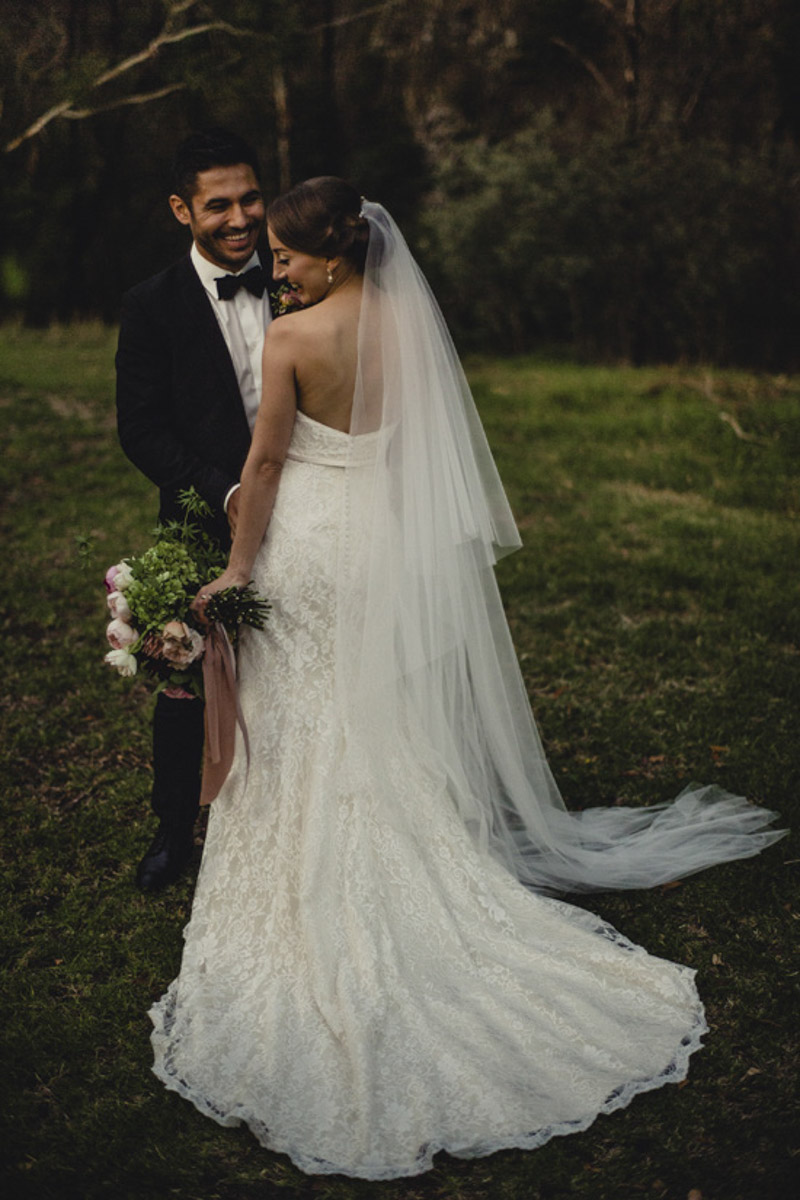 bride and groom photo wedding dress train