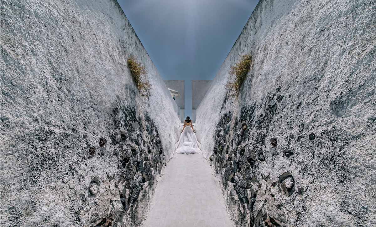 real bride wears Pronovias wedding dress for destination wedding in Santorini Greece