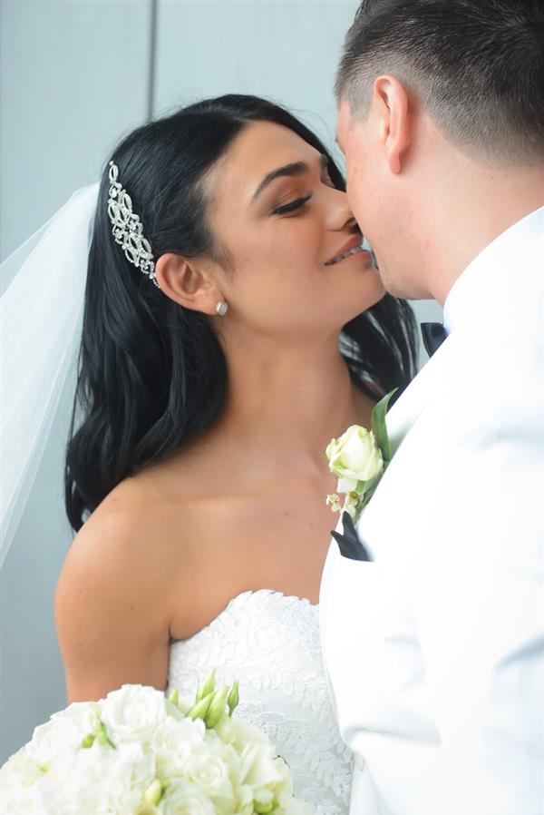 romantic photo of real bride michelle wearing Beca by Pronovias wedding dress