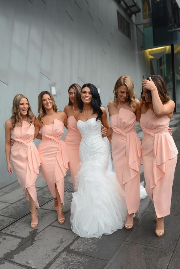Peach bridesmaids wedding photo of real bride michelle wearing Beca by Pronovias wedding dress